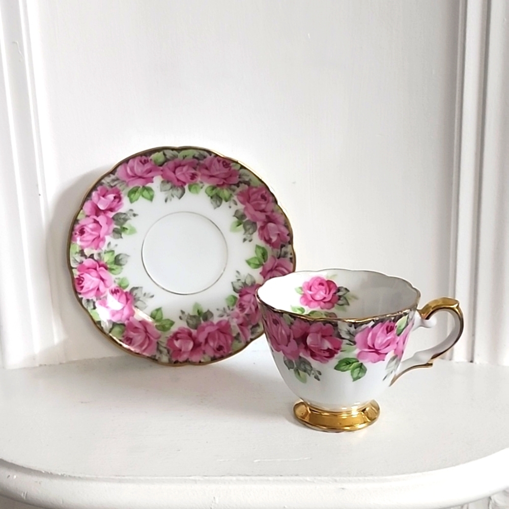 Tea Cup and Saucer Japan Hand Decorated Circle of Pink Roses Vintage 